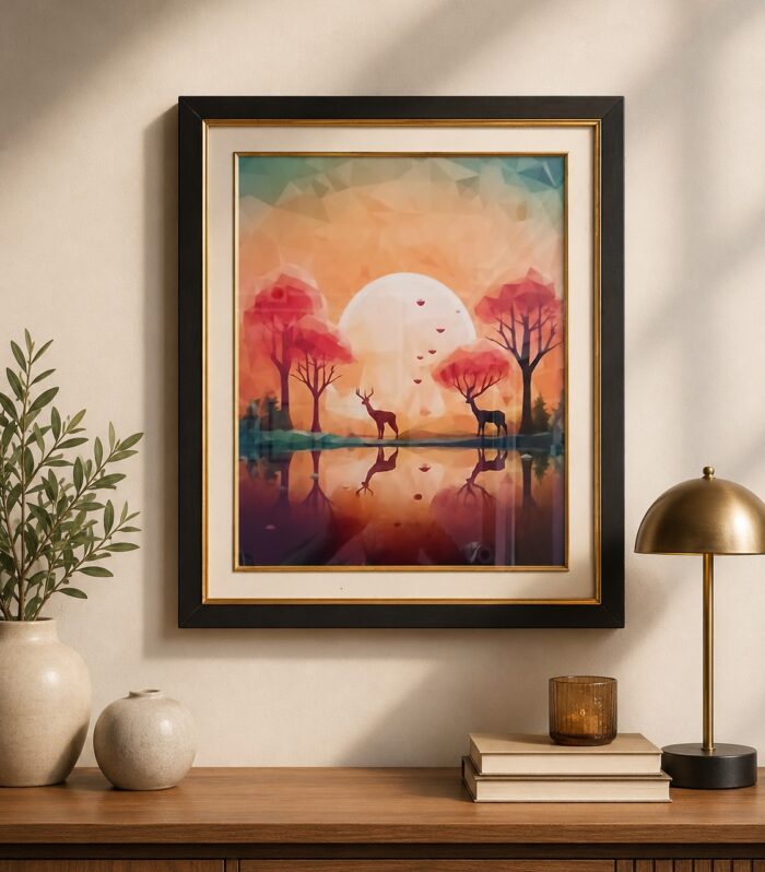 Sunset Deer Landscape Wall Art Framed Painting | Elegant Nature Home Decor