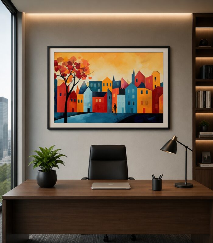 Colorful Abstract Cityscape Wall Art Framed Painting | Modern Urban Home Decor