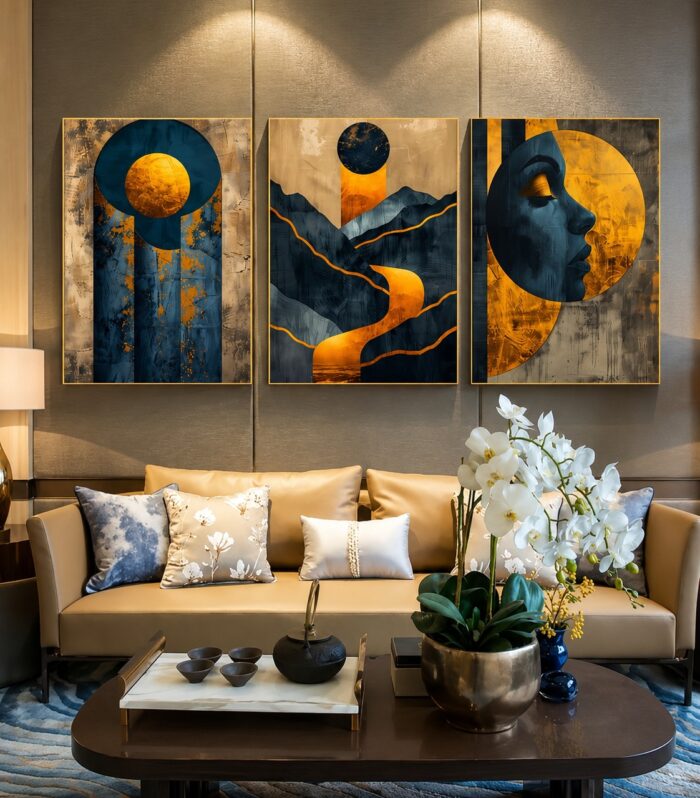 Fraemie Modern Abstract Wall Art Set – Luxury Geometric Canvas Frames for Living Room Decor (Set of 3)