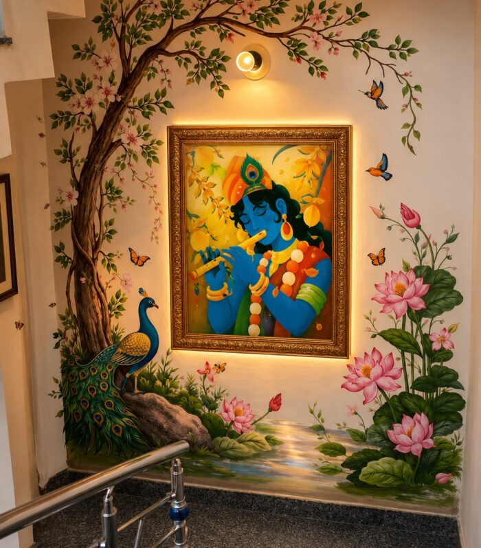Divine Krishna Wall Art Framed Painting | Spiritual Floral Home Decor
