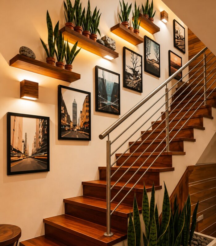 Fraemie Modern Staircase Gallery Wall Art Set – Framed Cityscape & Nature Prints for Home Decor