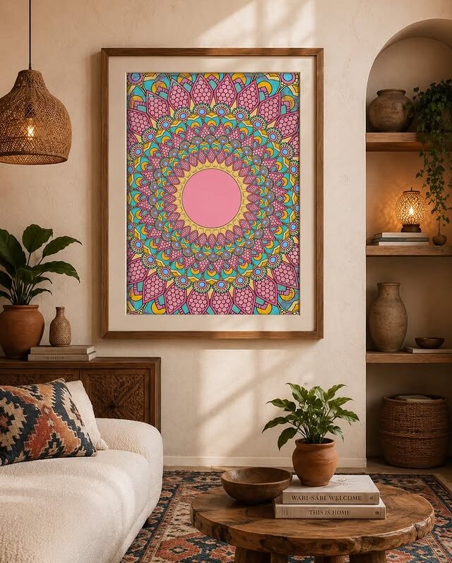Fraemie Colorful Mandala Wall Art Frame – Boho Abstract Floral Design for Living Room & Bedroom Decor