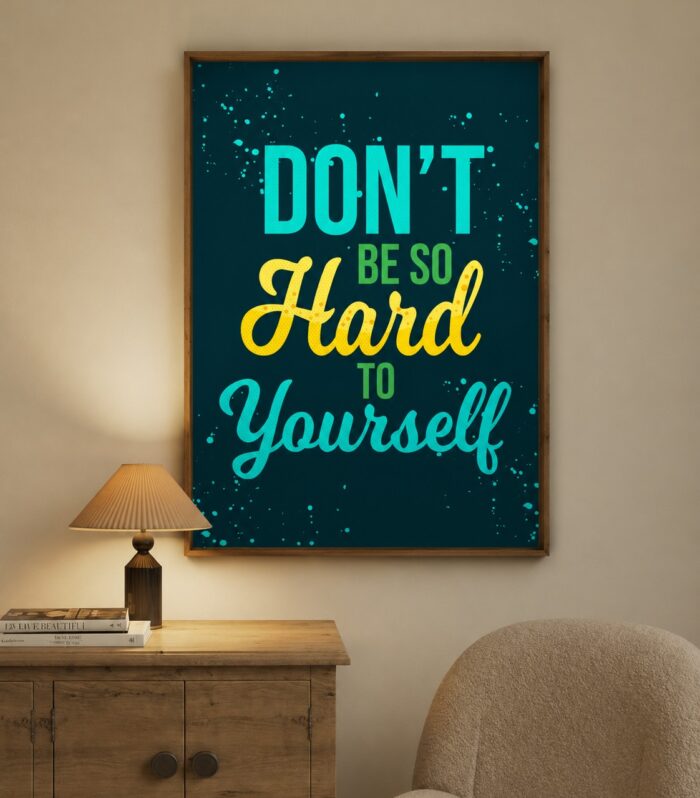Fraemie Motivational Quote Wall Art Frame – “Don’t Be So Hard To Yourself” Modern Typography Poster for Living Room & Office