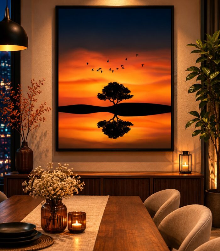 Fraemie Sunset Nature Wall Art Frame – Modern Tree Reflection Landscape for Living Room & Dining Room Decor