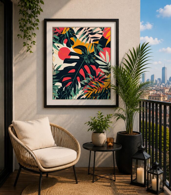 Fraemie Tropical Leaf Wall Art Frame – Modern Botanical Abstract Poster for Living Room & Balcony Decor