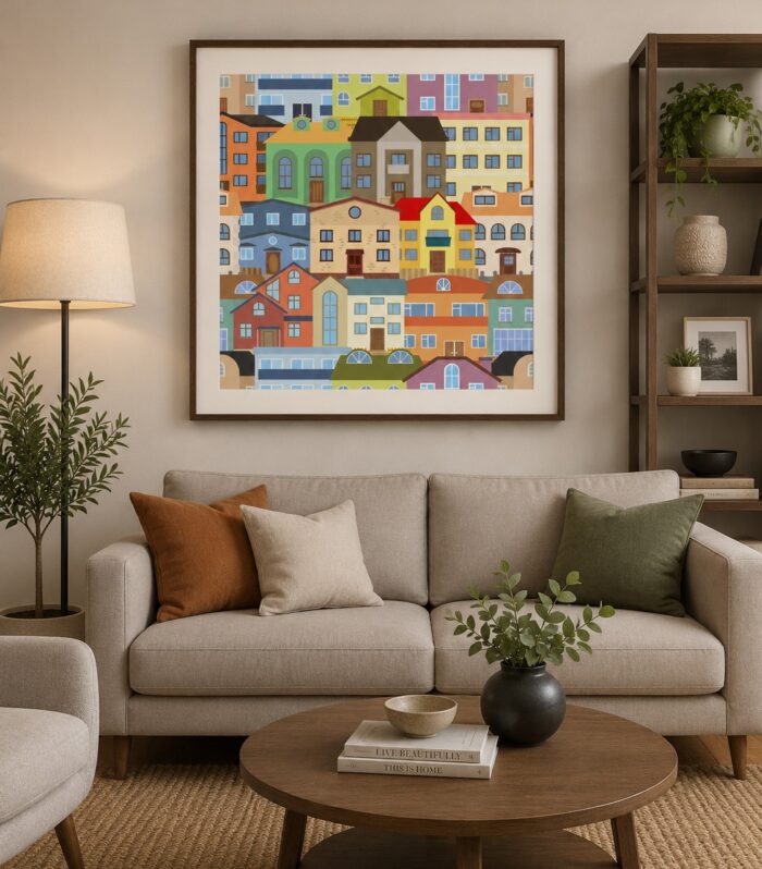 Fraemie Colorful House Illustration Wall Art Frame – Modern Abstract City Home Decor Poster for Living Room
