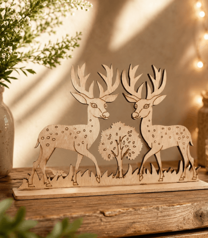 Handcrafted Wooden Deer Couple Showpiece | Rustic Tabletop Home Décor