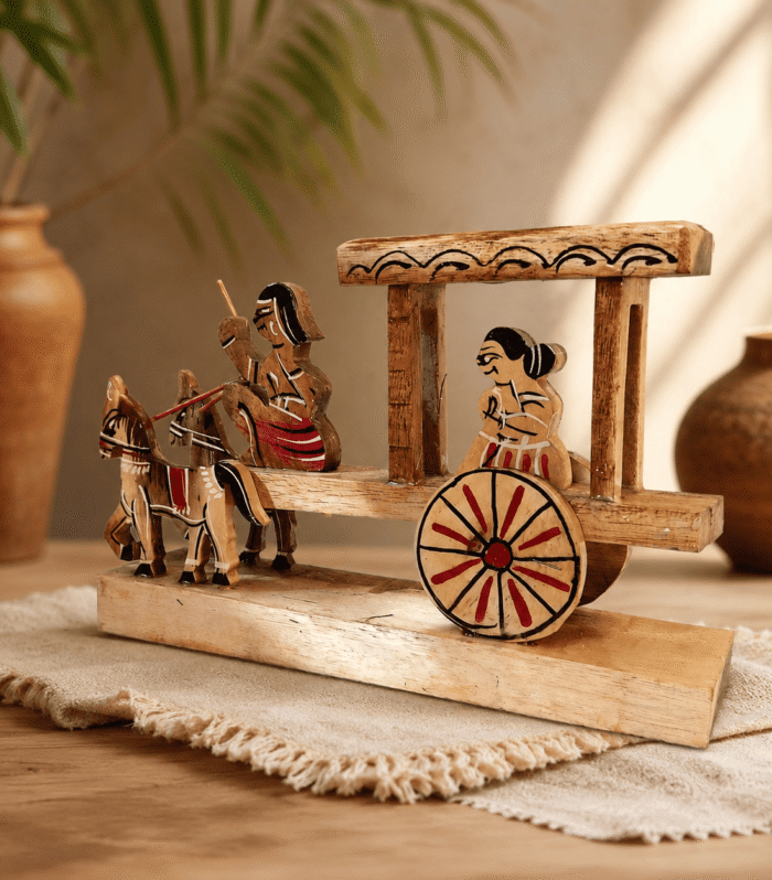 Handcrafted Wooden Horse Cart Village Scene Showpiece