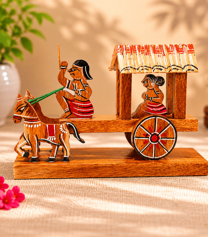 Handcrafted Wooden Village Horse Cart Showpiece