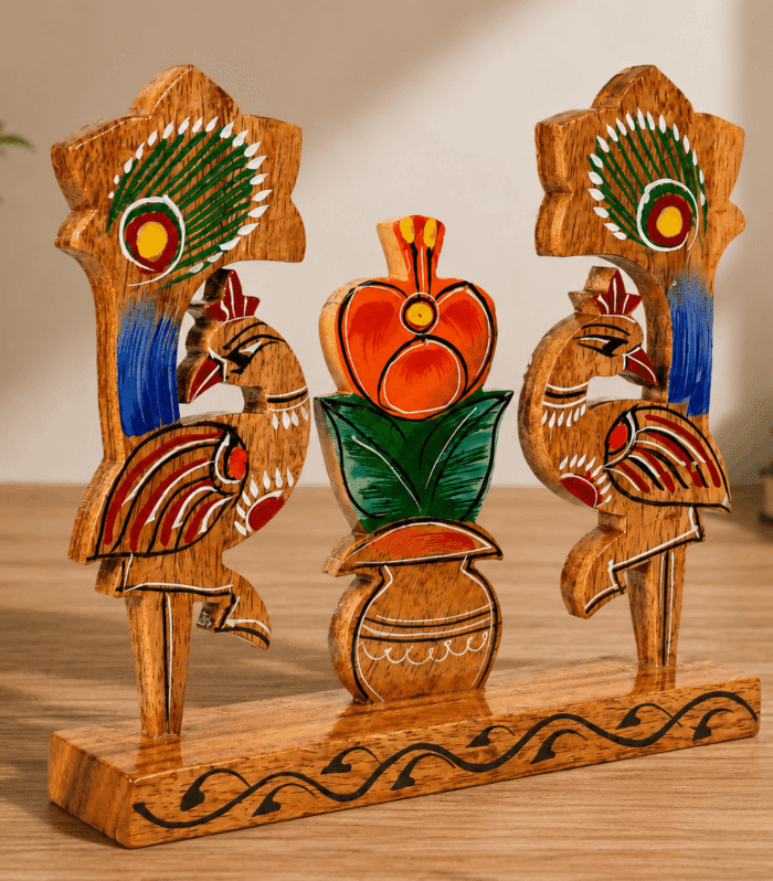 Handcrafted Wooden Peacock Showpiece with Flower Vase Decor