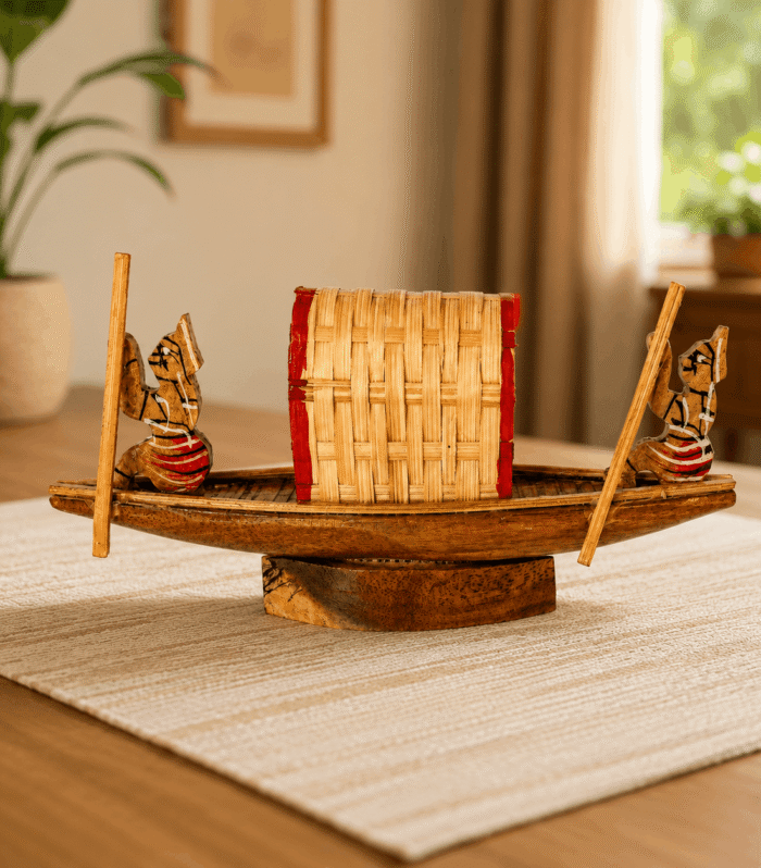 Handmade Wooden Boat Showpiece with Bamboo Basket | Traditional Wooden Home Decor