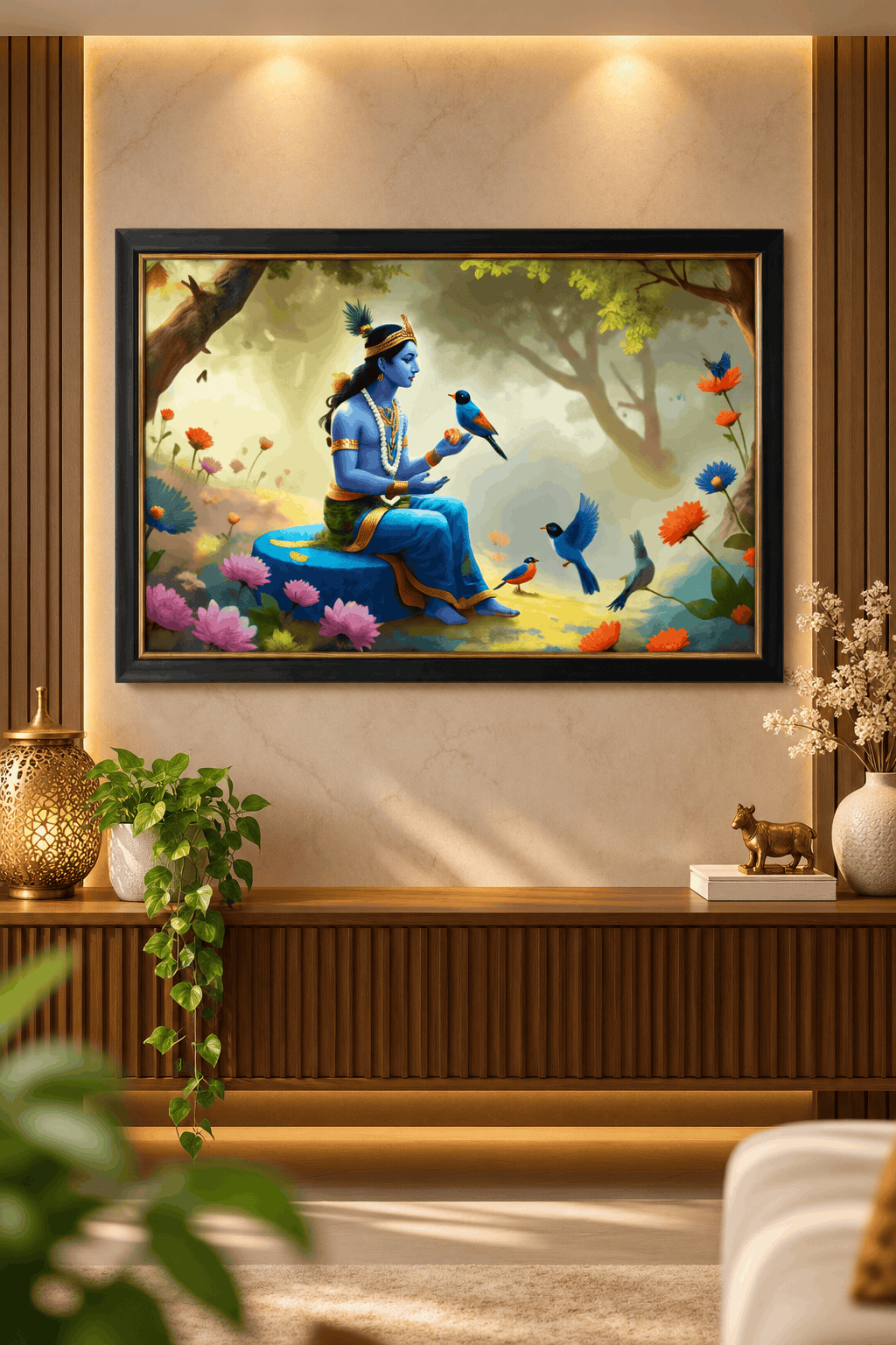 Krishna-Inspired-Art-in-a-Warm-Gallery-Interior