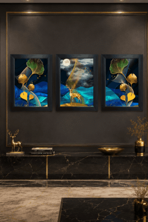 blue & gold wall art set of 3