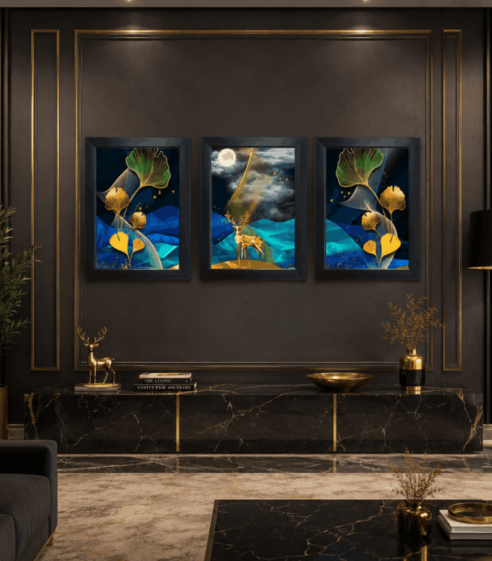 Luxury Blue & Gold Wall Art Set of 3 Framed Prints | Modern Deer and Botanical Living Room Decor