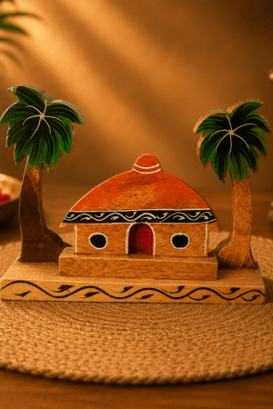 Handmade Wooden Village Hut Showpiece with Palm Trees | Traditional Wooden Home Decor