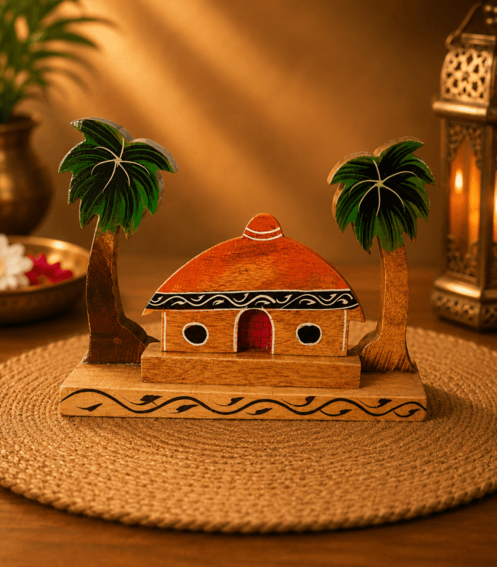 Handmade Wooden Village Hut Showpiece with Palm Trees | Traditional Wooden Home Decor