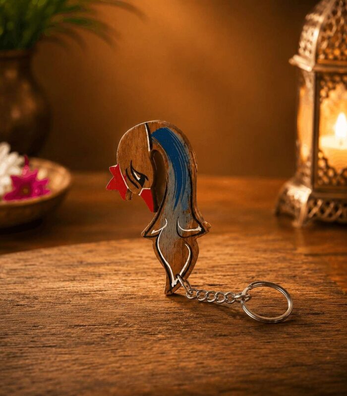 Handmade Wooden Lady Face Keychain | Painted Wooden Key Ring | Artisan Wooden Keychain Gift