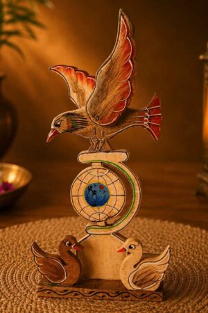 Handmade Wooden Ashoka Pillar Showpiece with Eagle & Swan Design | Indian Wooden Desk Decor