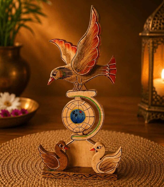 Handmade Wooden Ashoka Pillar Showpiece with Eagle & Swan Design | Indian Wooden Desk Decor