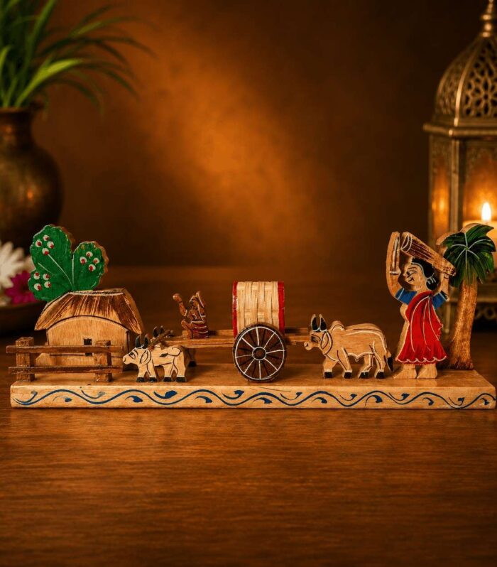 Handmade Wooden Village Bullock Cart Showpiece for Home Decor