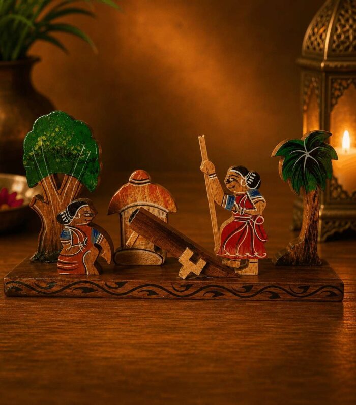Handmade Wooden Village Well Showpiece for Home Decor