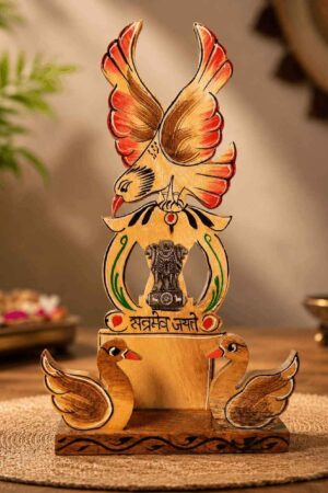 Handmade Wooden Ashoka Pillar Showpiece with Eagle & Swan Design | Indian Wooden Desk Decor