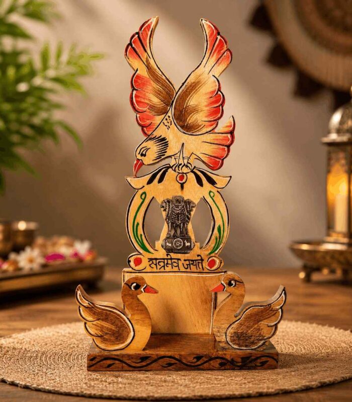 Handmade Wooden Ashoka Pillar Showpiece with Eagle & Swan Design | Indian Wooden Desk Decor