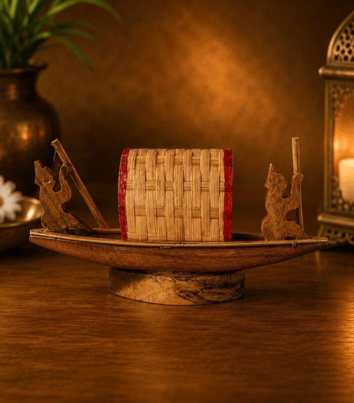Handmade Wooden Boat Showpiece with Bamboo Basket | Traditional Wooden Home Decor
