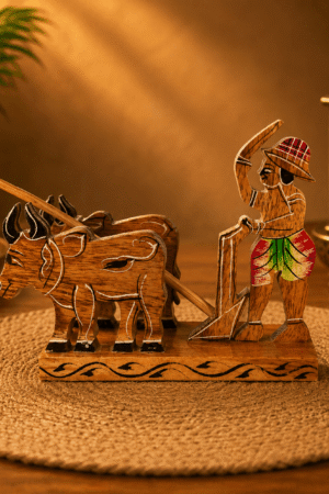 Wooden Farmer and Oxen Figurine Handcraft