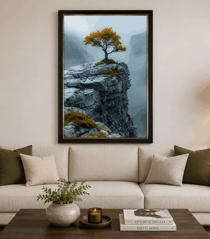 Tree on Cliff Wall Art Framed Print