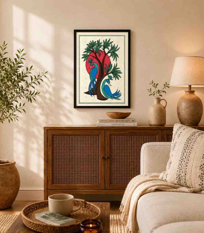 Traditional Peacock Folk Art Wall Frame | Indian Bird Artwork for Home Decor