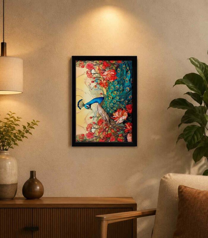 Elegant Peacock Floral Wall Art with Black Frame | Premium Ready-Made Wall Decor