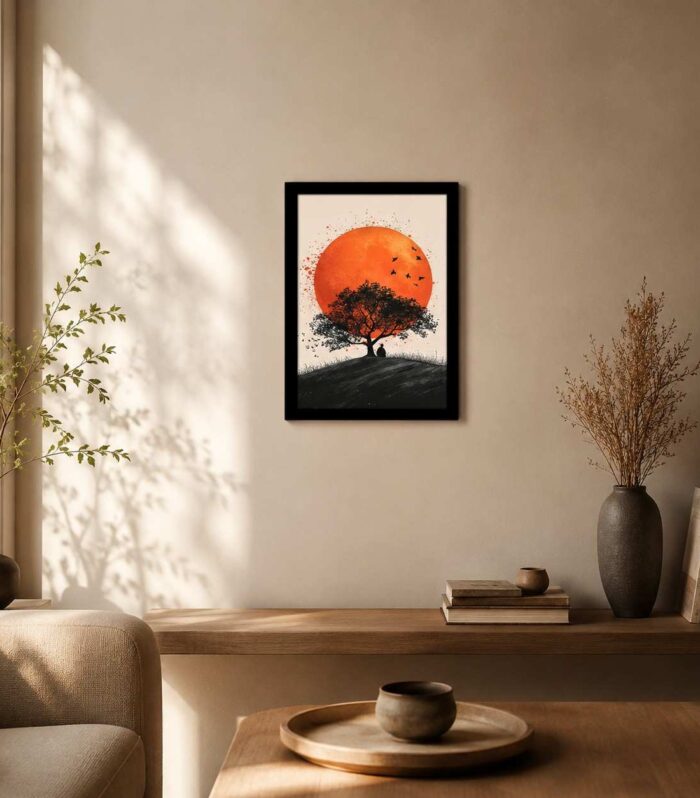 Orange Sunset Tree Wall Art Framed Canvas | Modern Nature Wall Decor