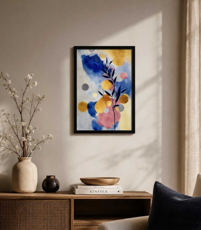 Modern Abstract Botanical Wall Art with Black Frame – Blue & Gold Ready-Made Framed Decor