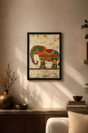 Traditional Elephant Wall Art with Black Frame | Colorful Indian Elephant Ready-Made Wall Decor