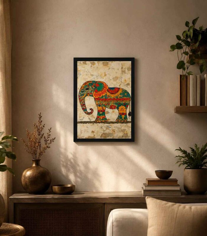 Traditional Elephant Wall Art with Black Frame | Colorful Indian Elephant Ready-Made Wall Decor