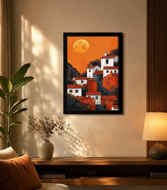 Moonlit Village Wall Art with Black Frame – Modern Landscape Ready-Made Framed Decor