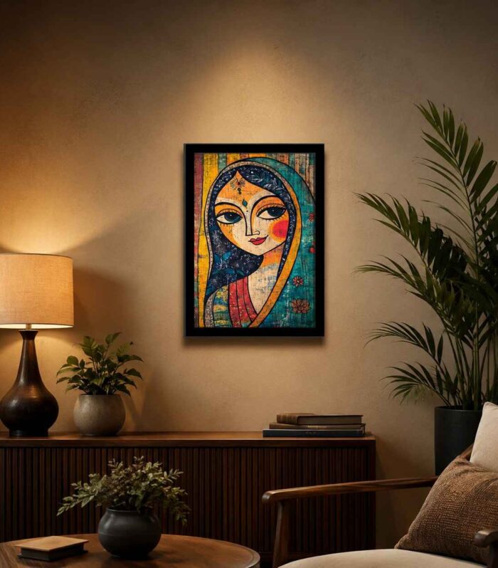 Traditional Indian Woman Portrait Wall Art with Black Frame | Premium Ready-Made Wall Decor