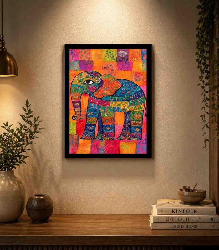Colorful Elephant Wall Art with Black Frame | Modern Indian Animal Canvas Wall Decor for Home & Office