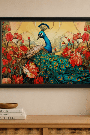 Elegant Peacock Floral Wall Art with Black Frame