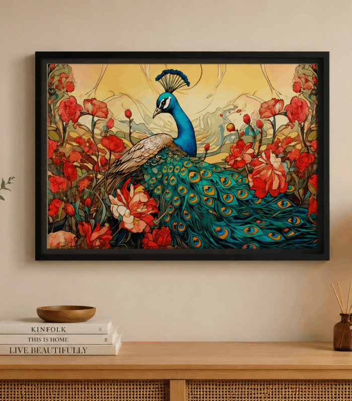 Elegant Peacock Floral Wall Art with Black Frame