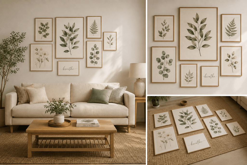 Botanical gallery wall showing multiple prints