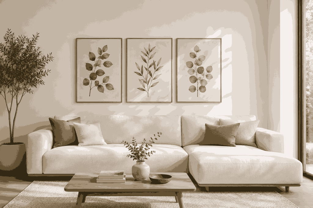 Minimalist living room with simple botanical prints