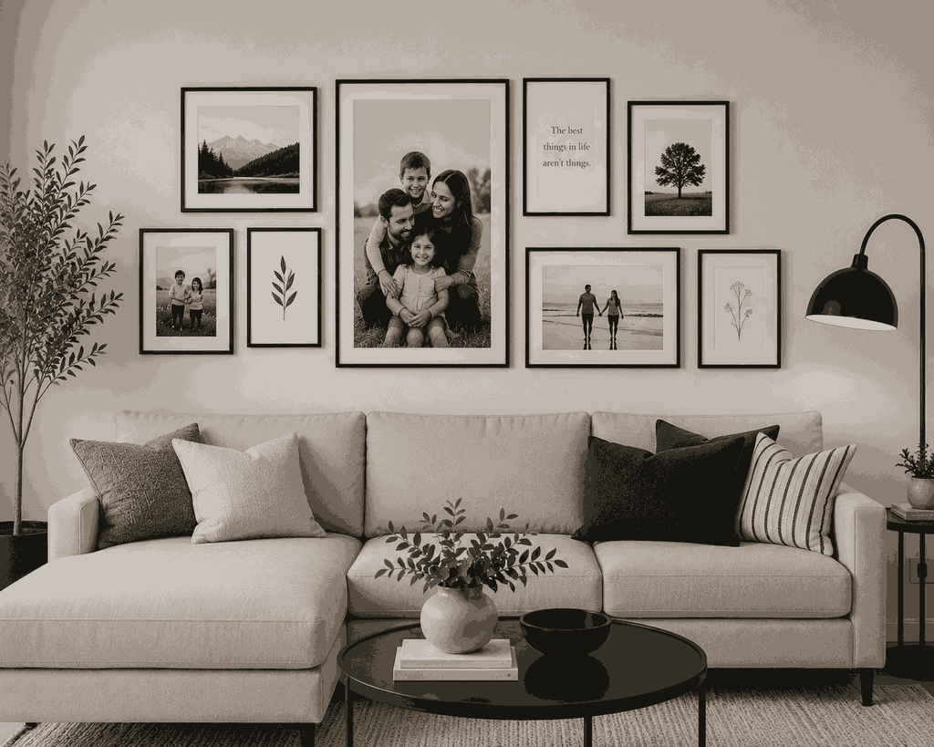 black photo frames living room