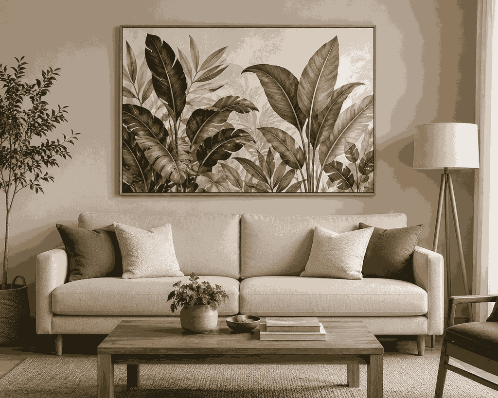 botanical artwork canvas above sofa
