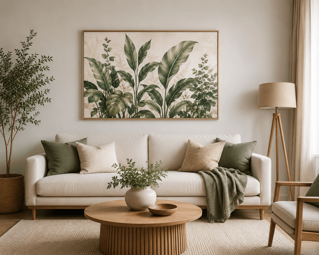 botanical artwork positioned above a sofa