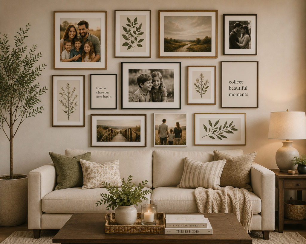 gallery wall combining family photographs