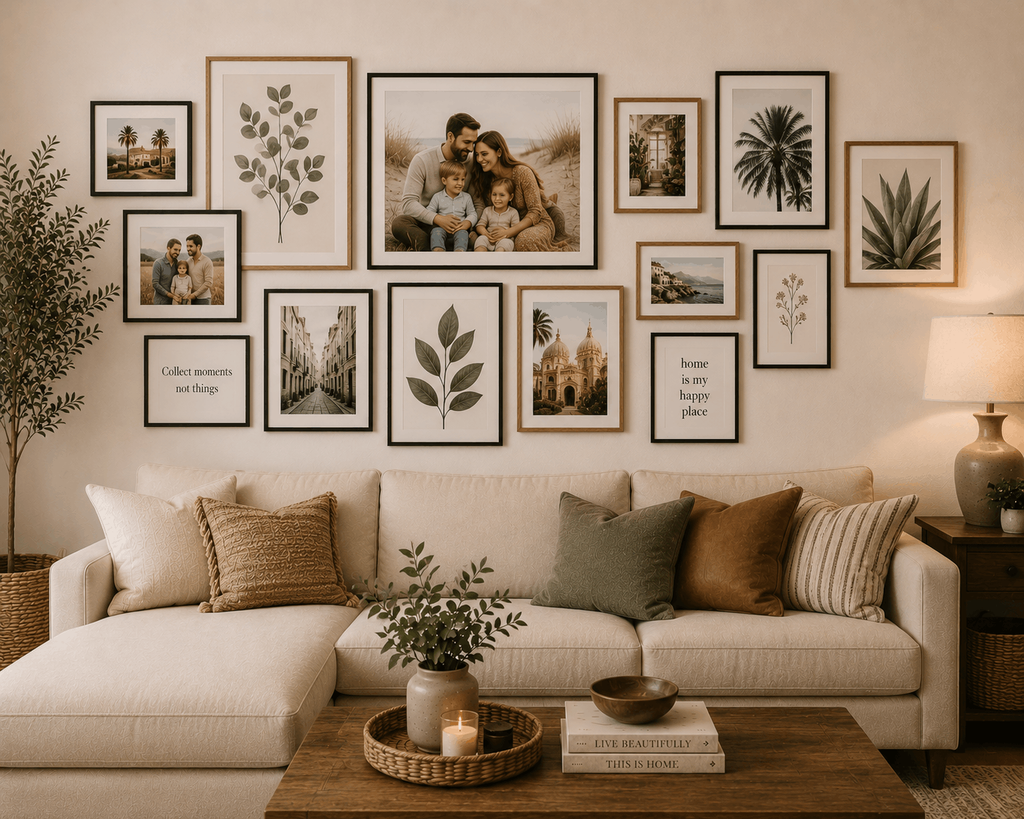 photo and artwork gallery wall living room