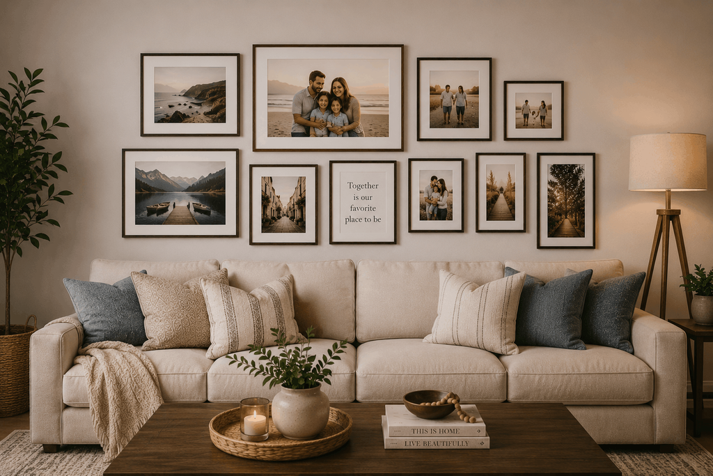 photo frame gallery wall above sofa