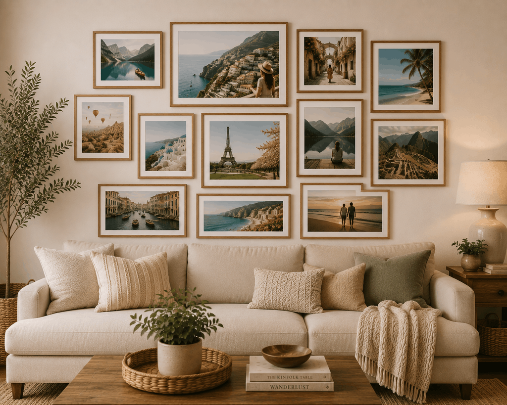 travel photo frame wall in living room